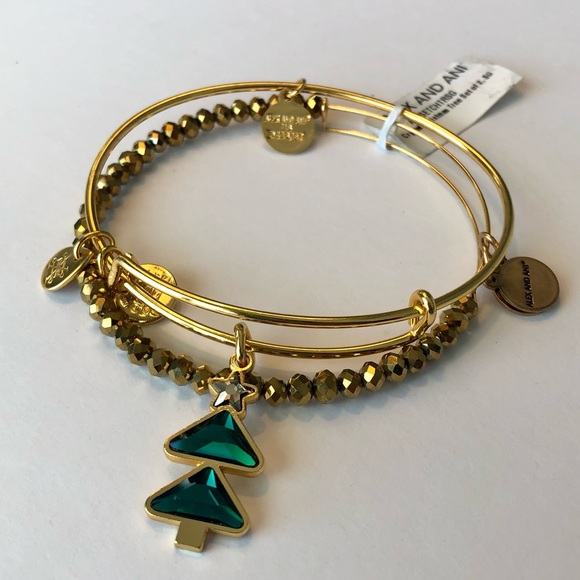 Alex and Ani Jewelry - Alex and Ani Crystal Christmas Tree Set of 2 Bangle Bracelet, Shiny Gold